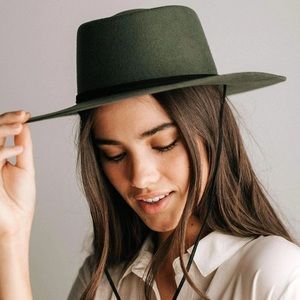 Gigi Pip Wren Flat Brim Telescope Crown Olive Green Australian Wool Fedora Hat